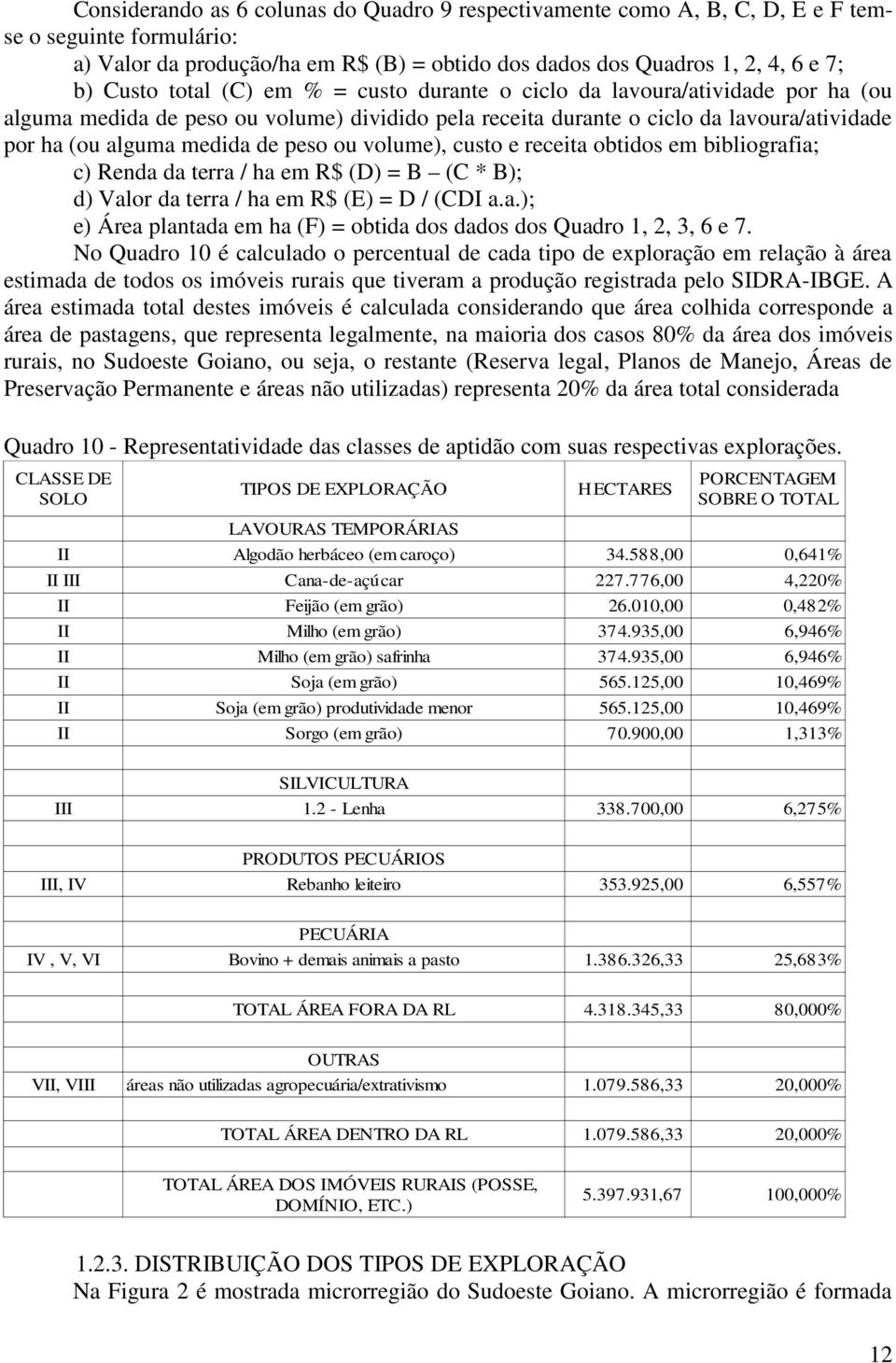 volume), custo e receita obtidos em bibliografia; c) Renda da terra / ha em R$ (D) = B (C * B); d) Valor da terra / ha em R$ (E) = D / (CDI a.a.); e) Área plantada em ha (F) = obtida dos dados dos Quadro 1, 2, 3, 6 e 7.