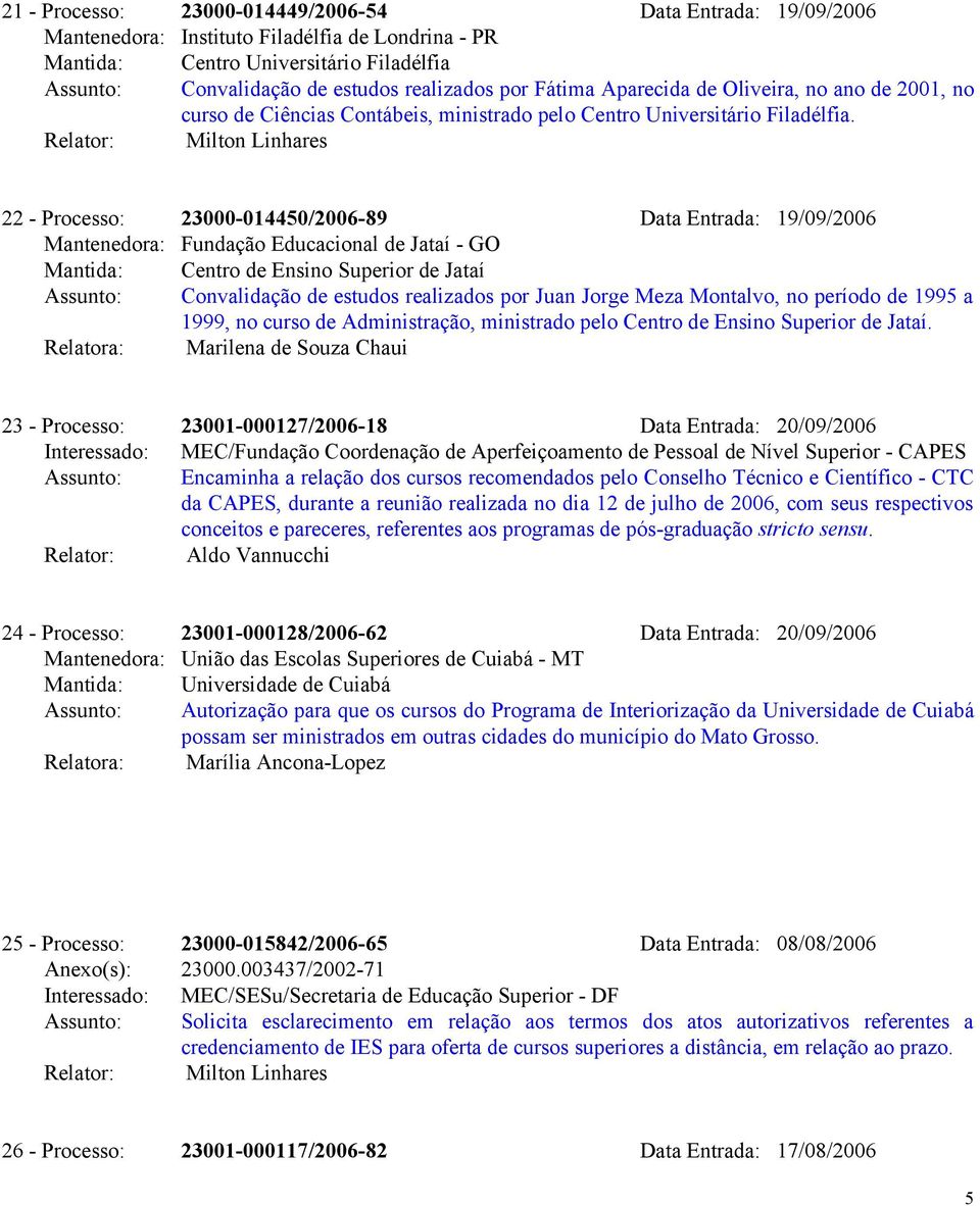 Relator: Milton Linhares 22 - Processo: 23000-014450/2006-89 Data Entrada: 19/09/2006 Mantenedora: Fundação Educacional de Jataí - GO Mantida: Centro de Ensino Superior de Jataí Assunto: Convalidação