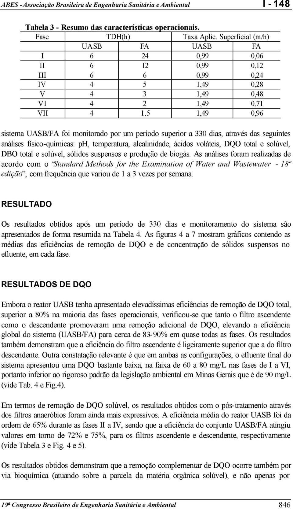 5 1,49,96 sistema UASB/FA foi monitorado por um período superior a 33 dias, através das seguintes análises físico-químicas: ph, temperatura, alcalinidade, ácidos voláteis, DQO total e solúvel, DBO