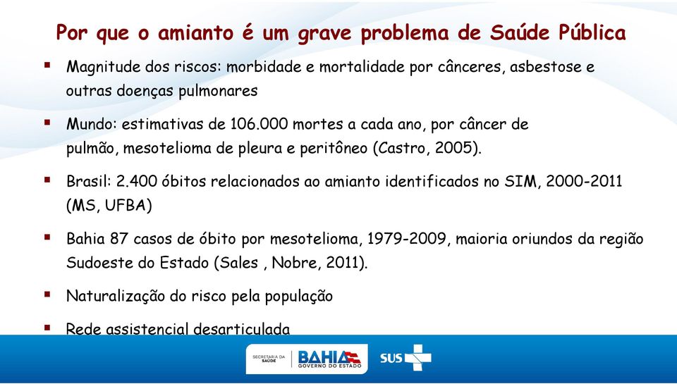 000 mortes a cada ano, por câncer de pulmão, mesotelioma de pleura e peritôneo (Castro, 2005). Brasil: 2.