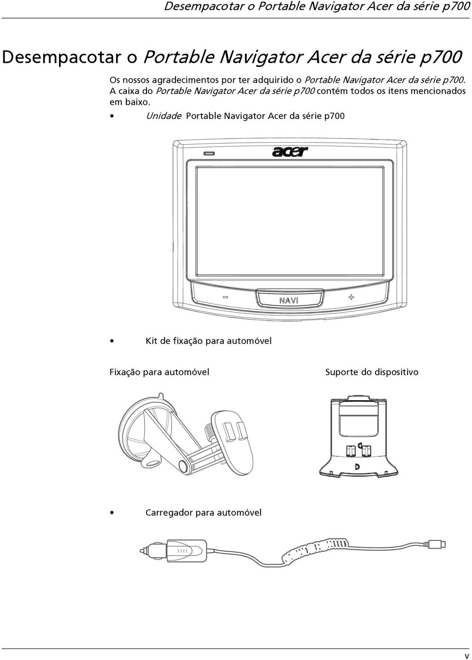 A caixa do Portable Navigator Acer da série p700 contém todos os itens mencionados em baixo.