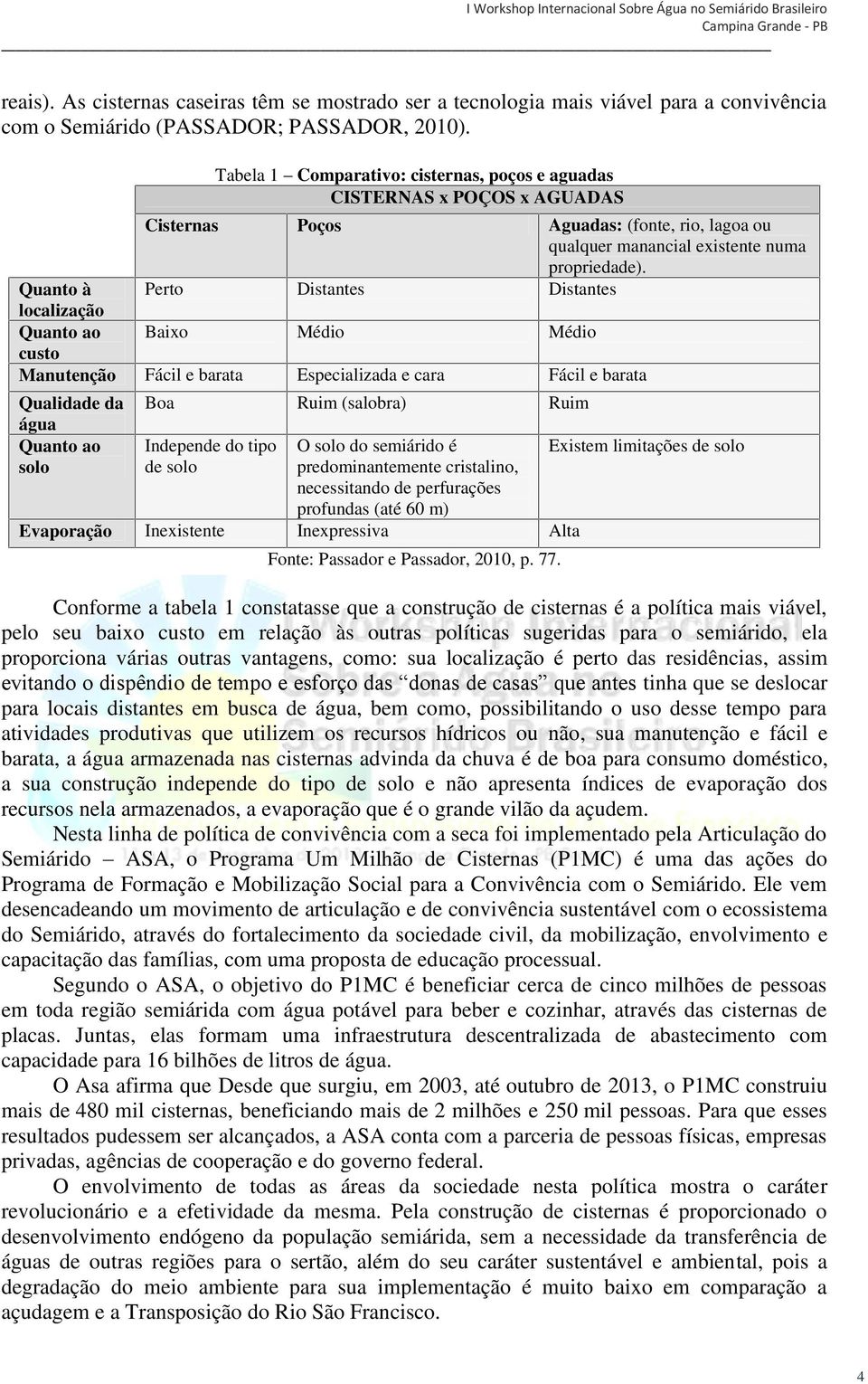 Quanto à Perto Distantes Distantes localização Quanto ao Baixo Médio Médio custo Manutenção Fácil e barata Especializada e cara Fácil e barata Qualidade da água Quanto ao solo Boa Ruim (salobra) Ruim