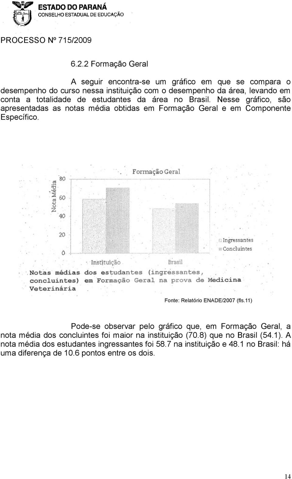 Fonte: Relatório ENADE/2007 (fls.11) Pode-se observar pelo gráfico que, em Formação Geral, a nota média dos concluintes foi maior na instituição (70.