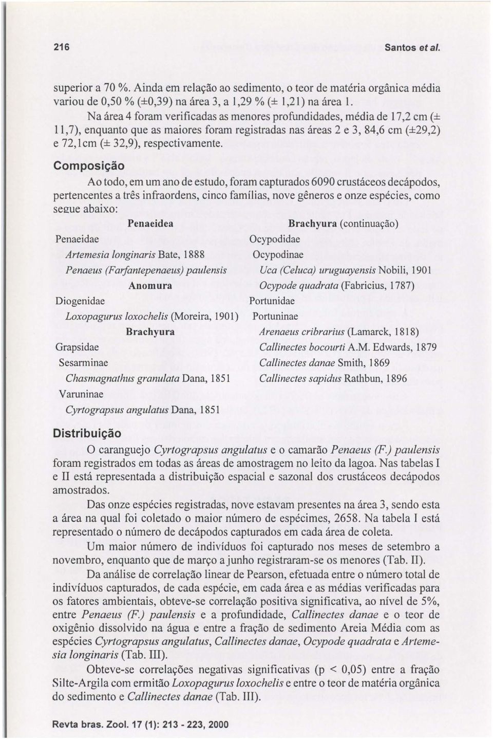 Composição Ao todo, em um ano de estudo, foram capturados 6090 crustáceos decápodos, pertencentes a três infraordens, cinco famílias, nove gêneros e onze espécies, como segue abaixo: Penaeidea