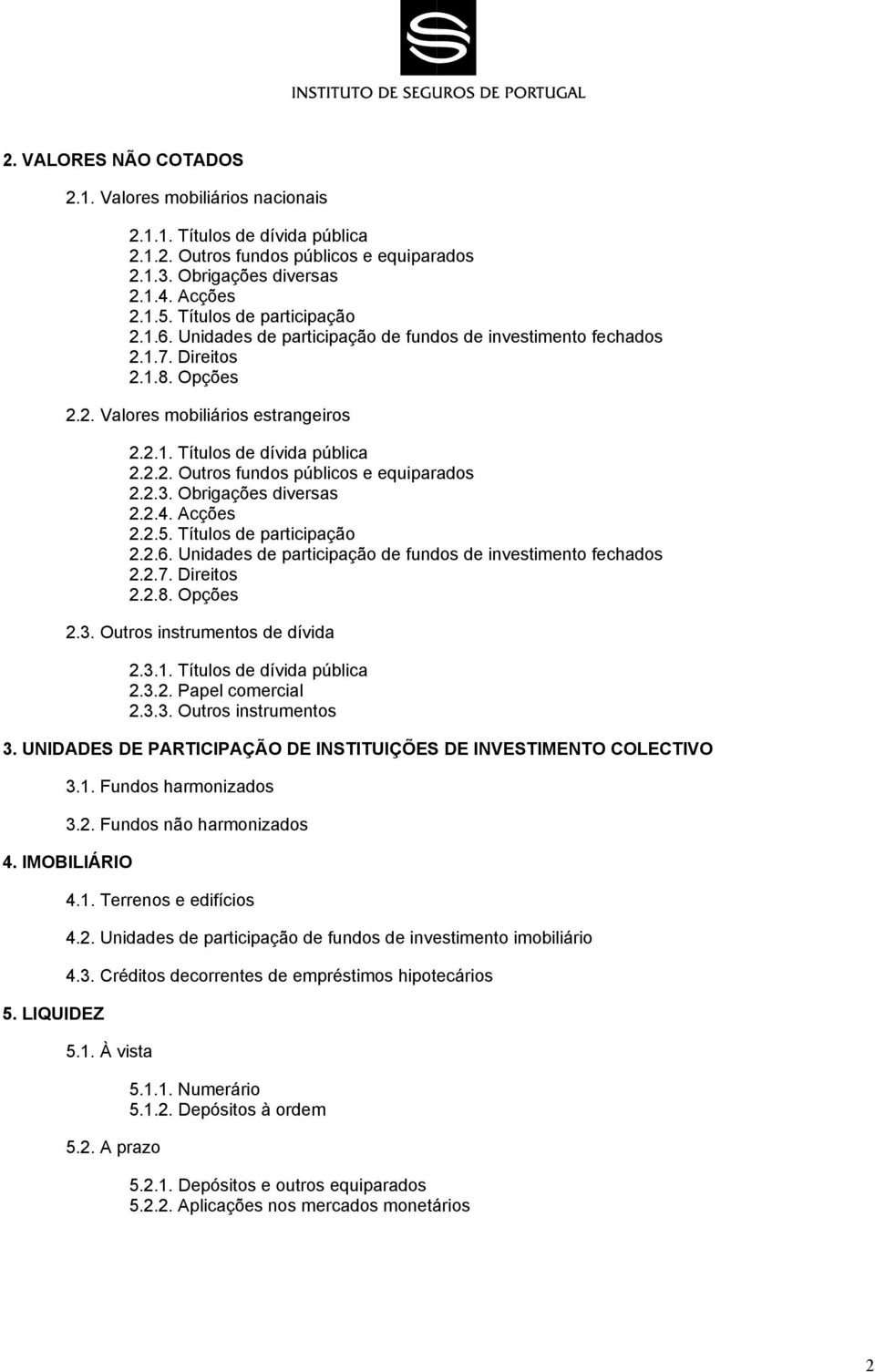 2.3. Obrigações diversas 2.2.4. Acções 2.2.5. Títulos de participação 2.2.6. Unidades de participação de fundos de investimento fechados 2.2.7. Direitos 2.2.8. Opções 2.3. Outros instrumentos de dívida 2.