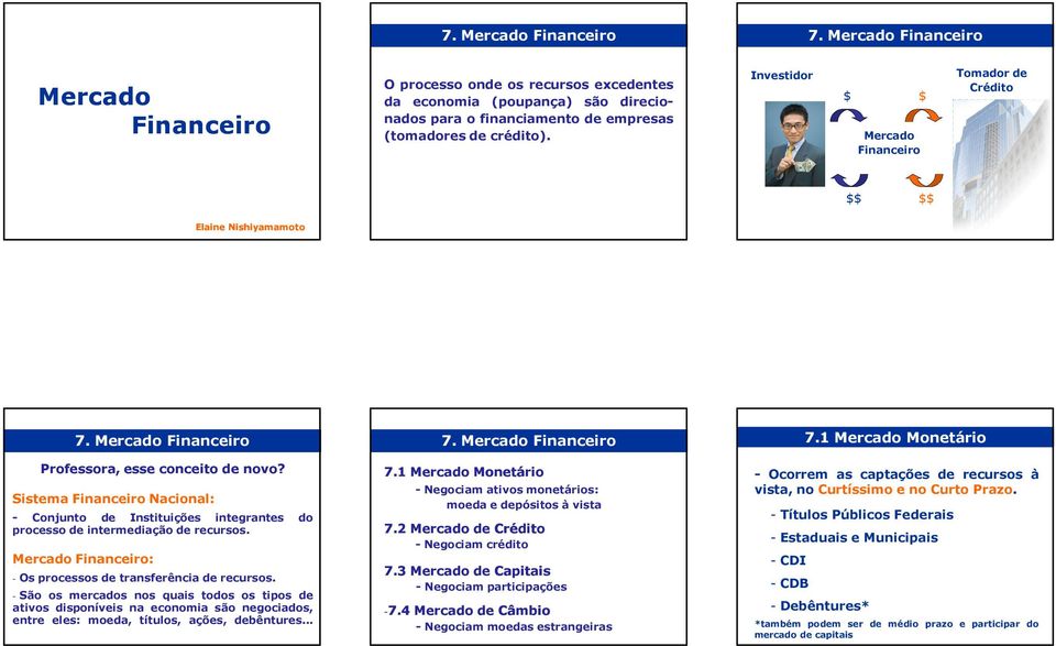 Sistema Financeiro Nacional: - Conjunto de Instituições integrantes do processo de intermediação de recursos. Mercado Financeiro: - Os processos de transferência de recursos.