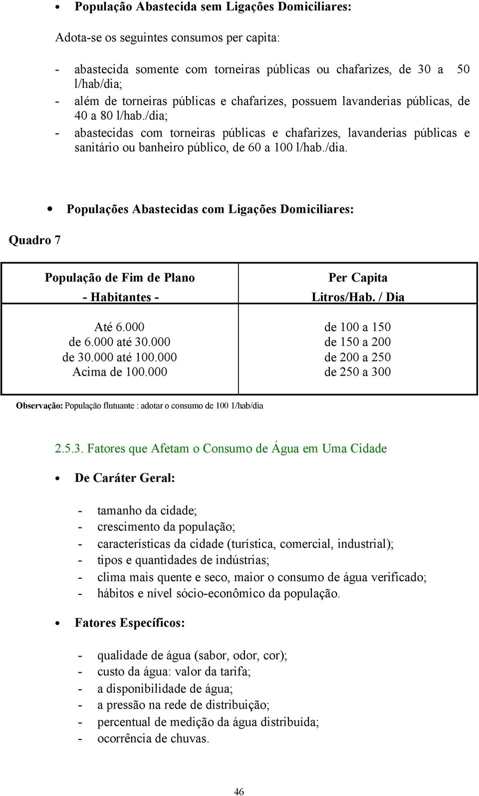 /dia. Quadro 7 Populações Abastecidas com Ligações Domiciliares: População de Fim de Plano - Habitantes - Até 6.000 de 6.000 até 30.000 de 30.000 até 100.000 Acima de 100.000 Per Capita Litros/Hab.