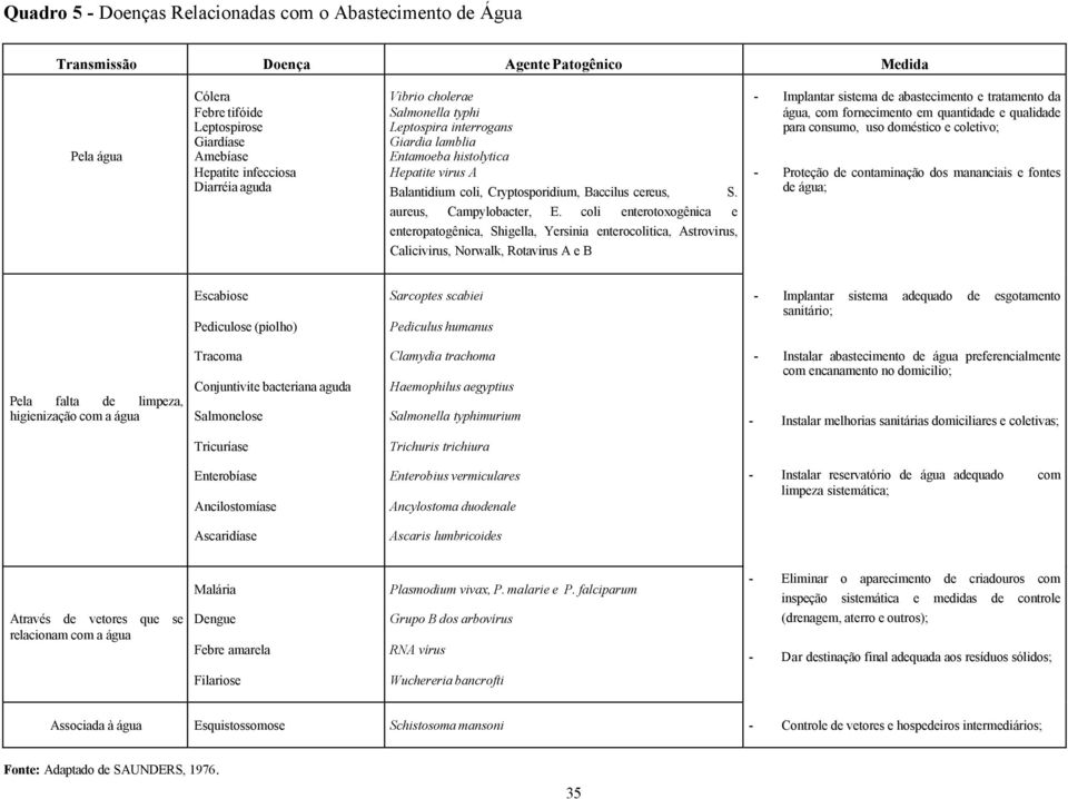 coli enterotoxogênica e enteropatogênica, Shigella, Yersinia enterocolitica, Astrovirus, Calicivirus, Norwalk, Rotavirus A e B - Implantar sistema de abastecimento e tratamento da água, com