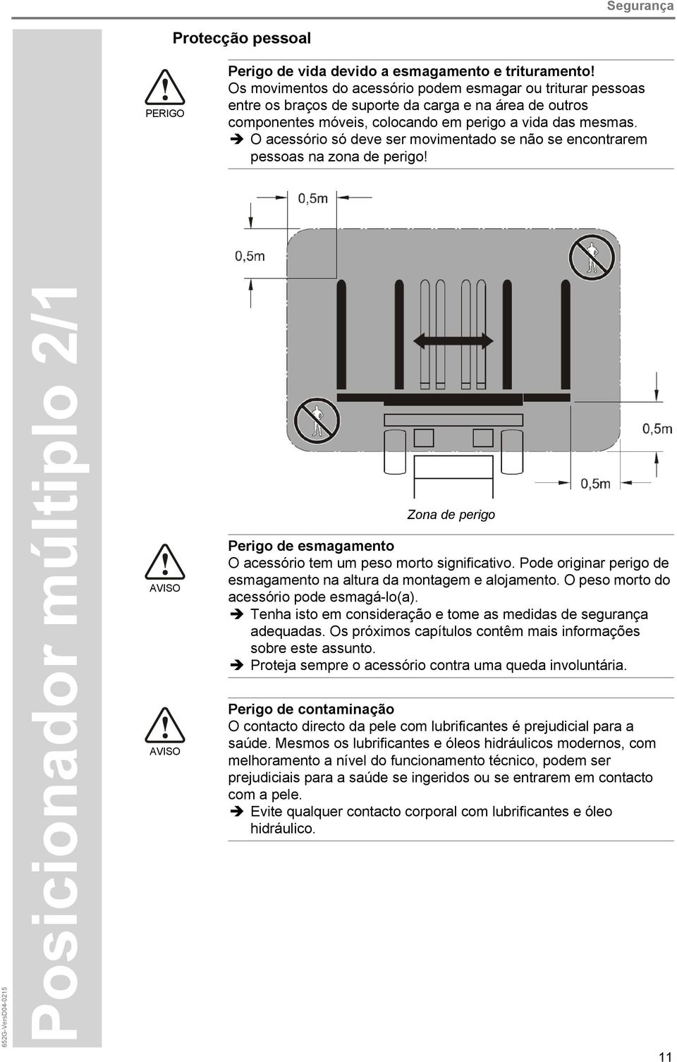 O acessório só deve ser movimentado se não se encontrarem pessoas na zona de perigo! 652G-VersD04-0215 AVISO AVISO Zona de perigo Perigo de esmagamento O acessório tem um peso morto significativo.