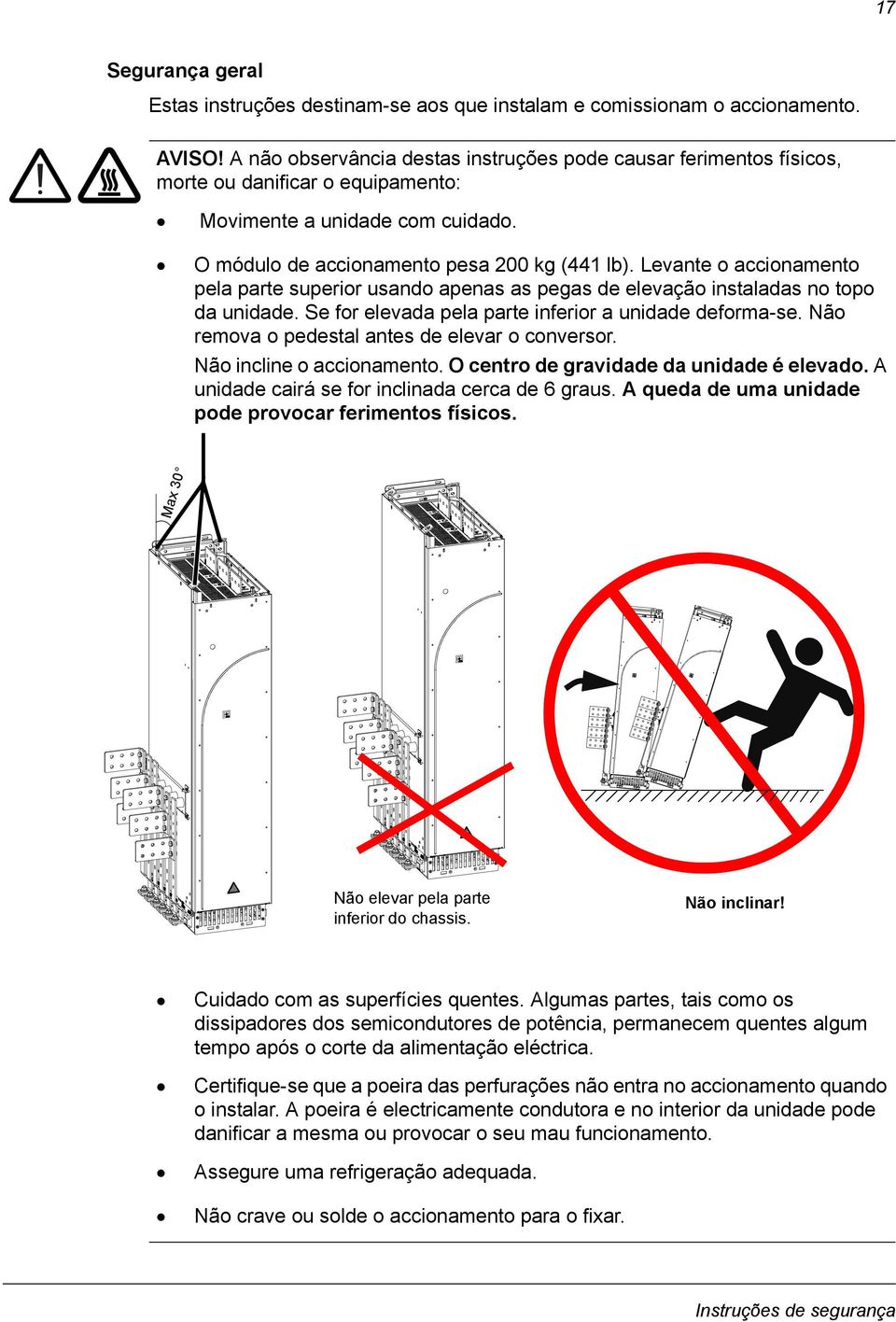 Levante o accionamento pela parte superior usando apenas as pegas de elevação instaladas no topo da unidade. Se for elevada pela parte inferior a unidade deforma-se.