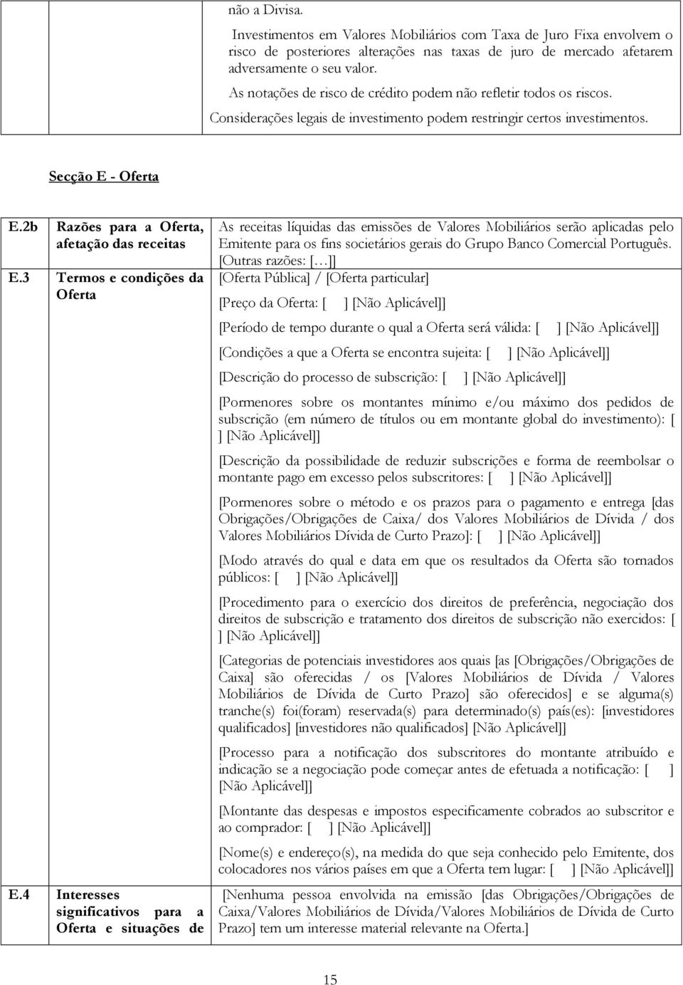 2b Razões para a Oferta, afetação das receitas E.3 Termos e condições da Oferta E.