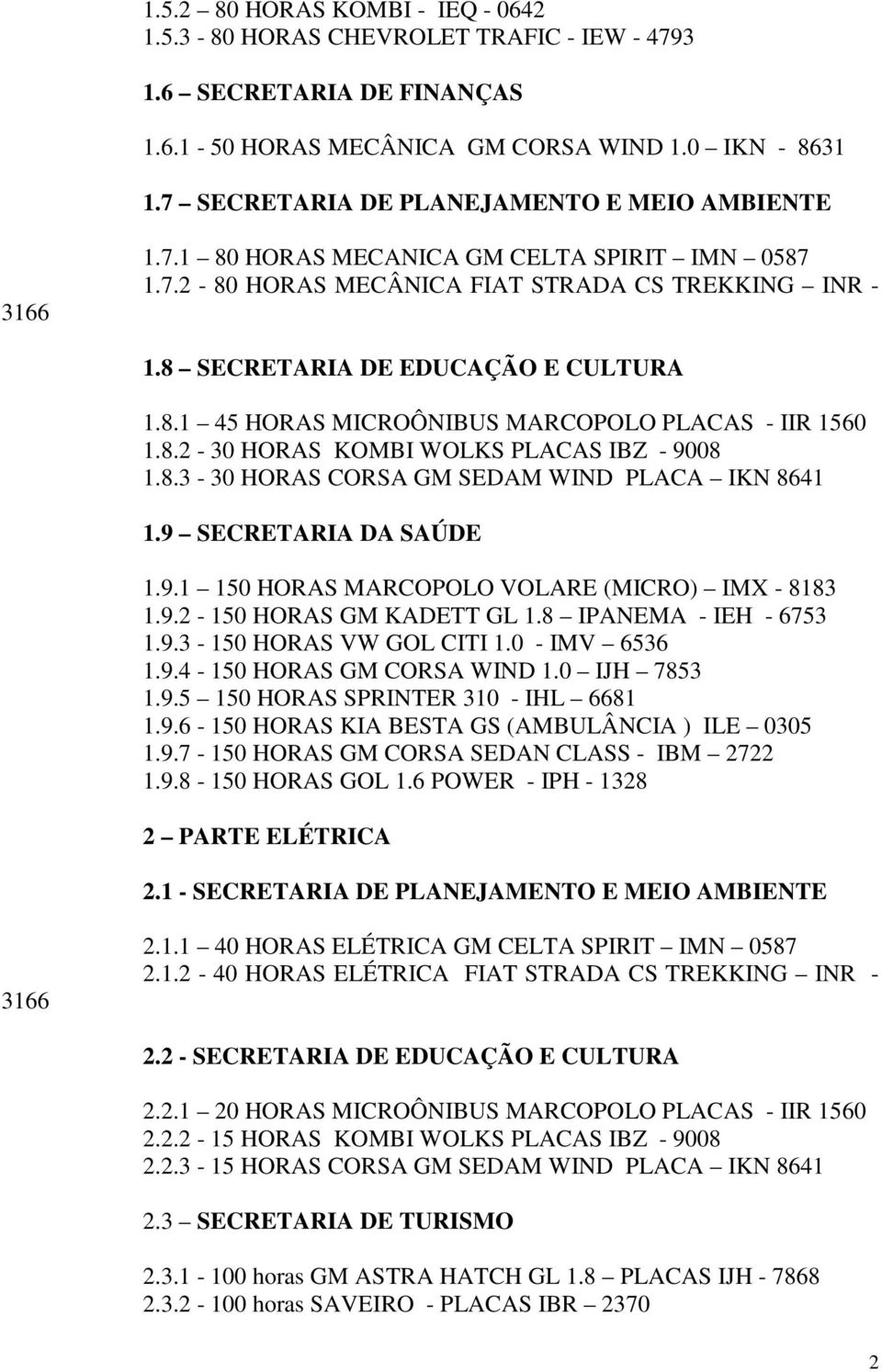 8.2-30 HORAS KOMBI WOLKS PLACAS IBZ - 9008 1.8.3-30 HORAS CORSA GM SEDAM WIND PLACA IKN 8641 1.9 SECRETARIA DA SAÚDE 1.9.1 150 HORAS MARCOPOLO VOLARE (MICRO) IMX - 8183 1.9.2-150 HORAS GM KADETT GL 1.