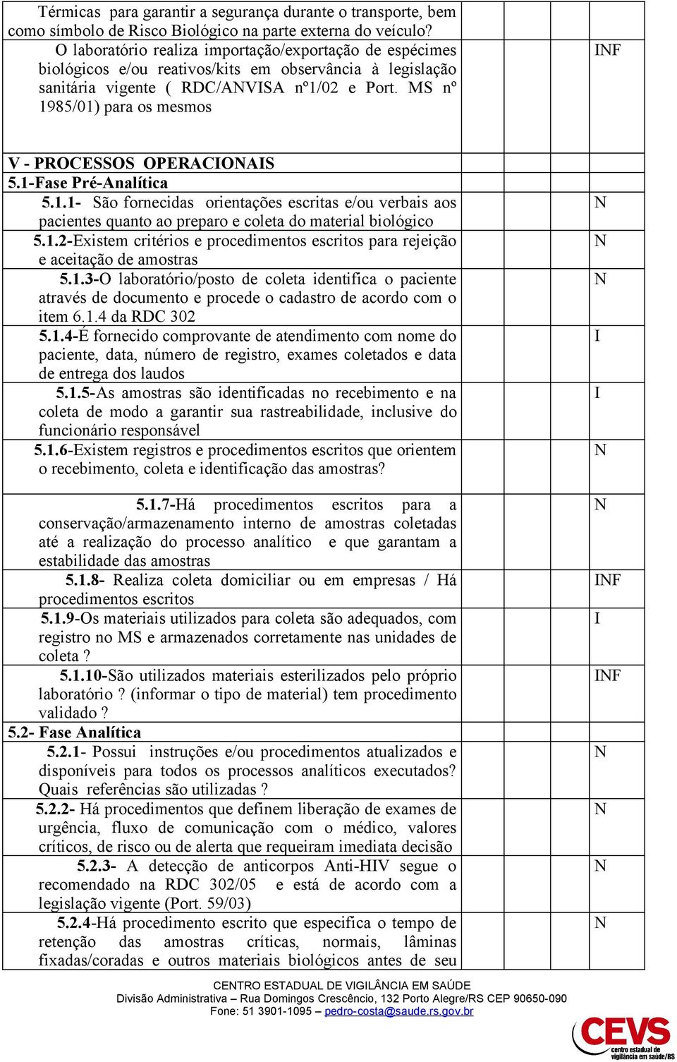 MS nº 1985/01) para os mesmos F V - POCESSOS OPEACOAS 5.1-Fase Pré-Analítica 5.1.1- São fornecidas orientações escritas e/ou verbais aos pacientes quanto ao preparo e coleta do material biológico 5.1.2-Existem critérios e procedimentos escritos para rejeição e aceitação de amostras 5.