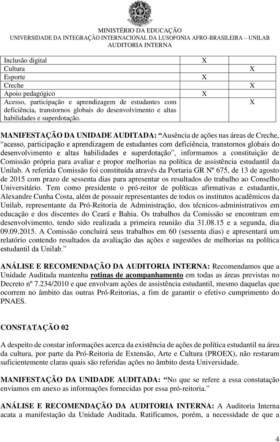 e superdotação, informamos a constituição de Comissão própria para avaliar e propor melhorias na política de assistência estudantil da Unilab.