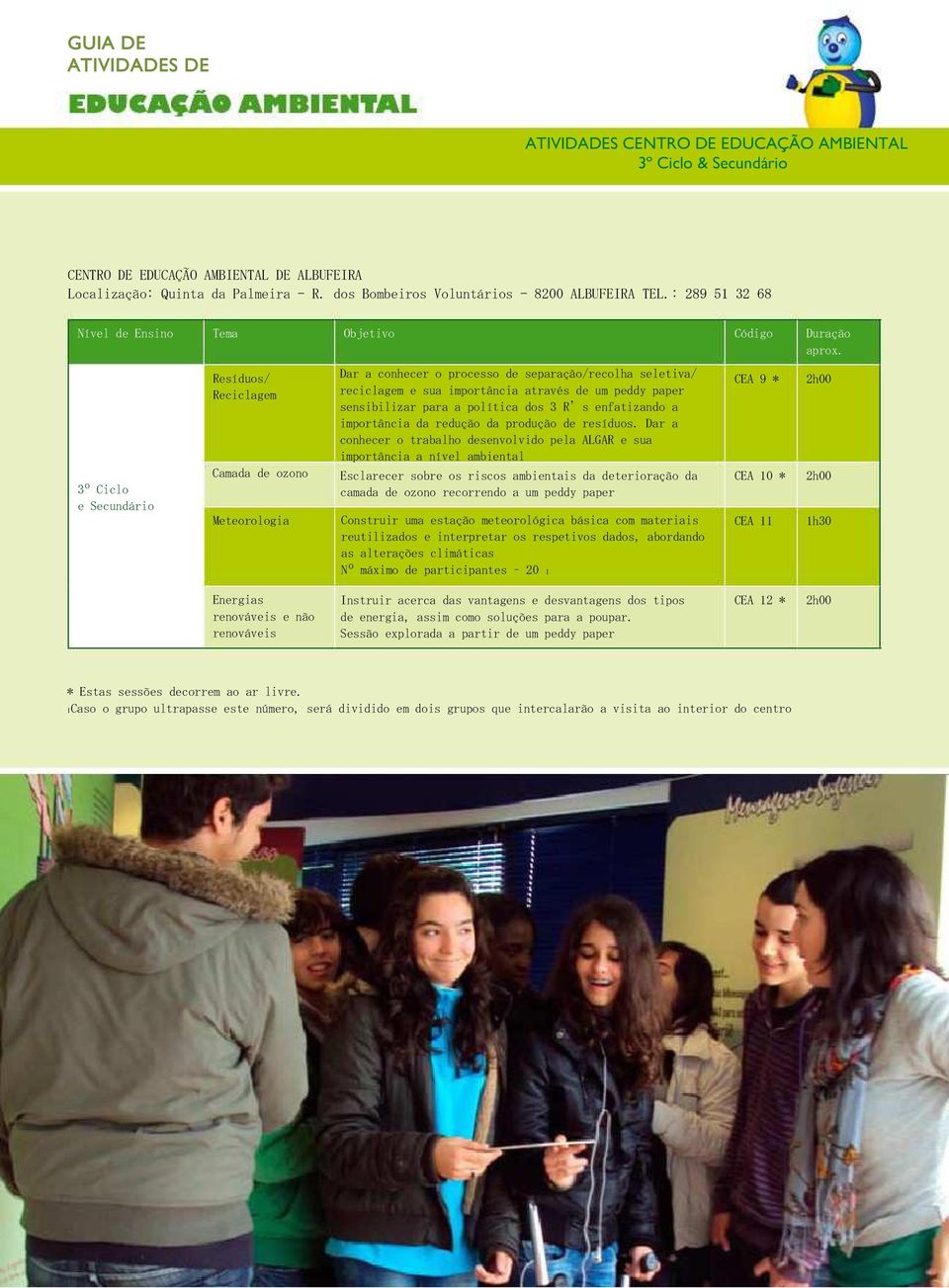 3º Ciclo e Secundário Resíduos/ Reciclagem Camada de ozono Meteorologia Dar a conhecer o processo de separação/recolha seletiva/ reciclagem e sua importância através de um peddy paper sensibilizar