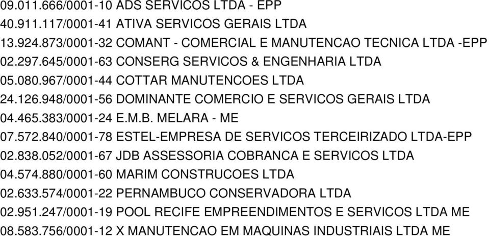 MELARA - ME 07.572.840/0001-78 ESTEL-EMPRESA DE SERVICOS TERCEIRIZADO LTDA-EPP 02.838.052/0001-67 JDB ASSESSORIA COBRANCA E SERVICOS LTDA 04.574.