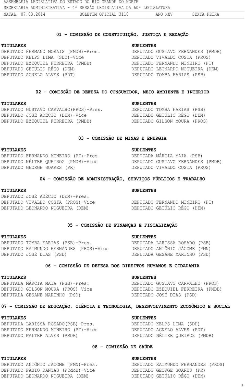 FERNANDO MINEIRO (PT) DEPUTADO LEONARDO NOGUEIRA (DEM) DEPUTADO TOMBA FARIAS (PSB) 02 COMISSÃO DE DEFESA DO CONSUMIDOR, MEIO AMBIENTE E INTERIOR DEPUTADO GUSTAVO CARVALHO(PROS)-Pres.