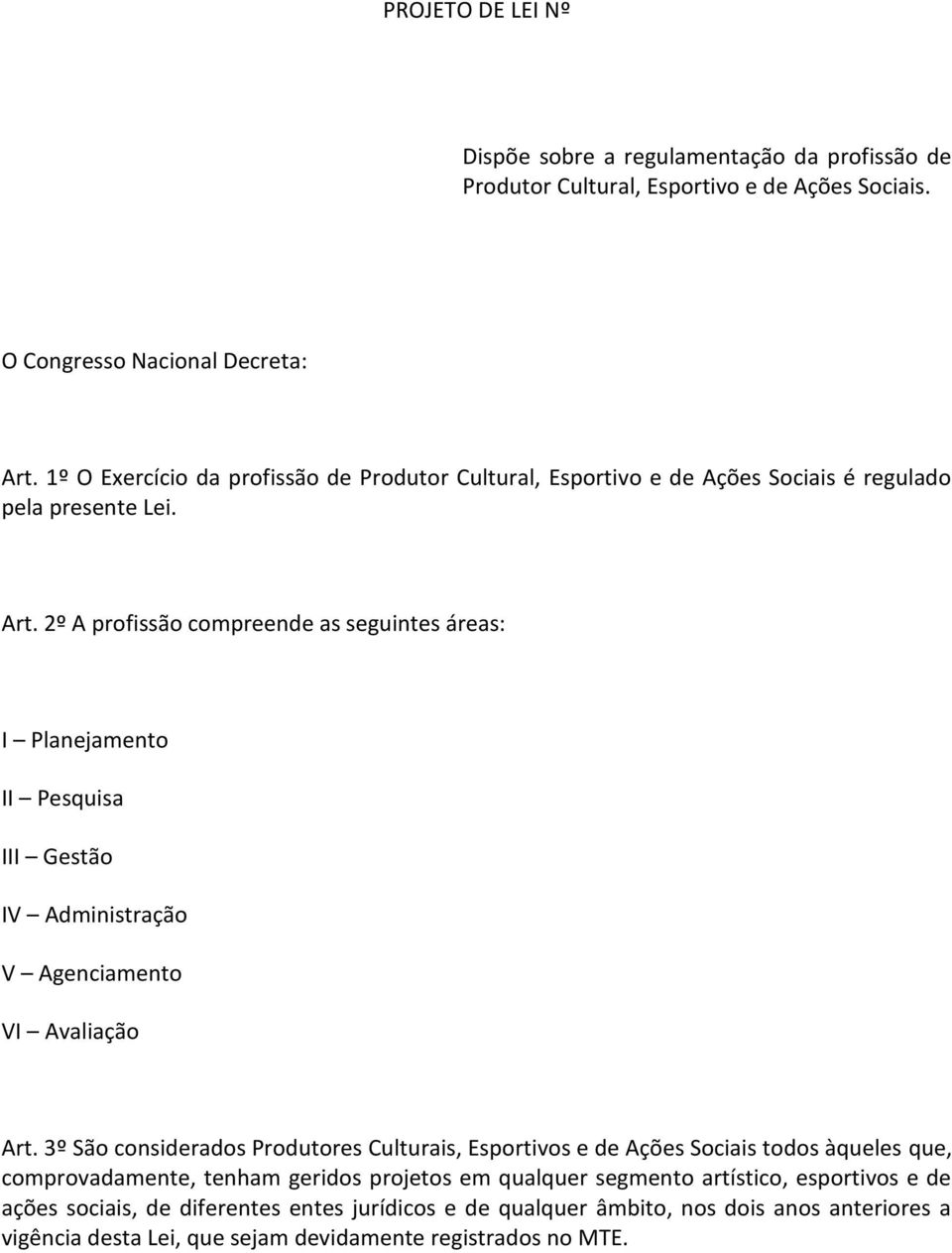 2º A profissão compreende as seguintes áreas: I Planejamento II Pesquisa III Gestão IV Administração V Agenciamento VI Avaliação Art.