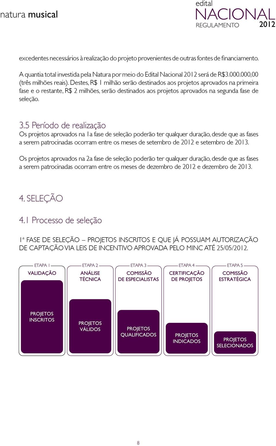 Destes, R$ 1 milhão serão destinados aos projetos aprovados na primeira fase e o restante, R$ 2 milhões, serão destinados aos projetos aprovados na segunda fase de seleção. 3.