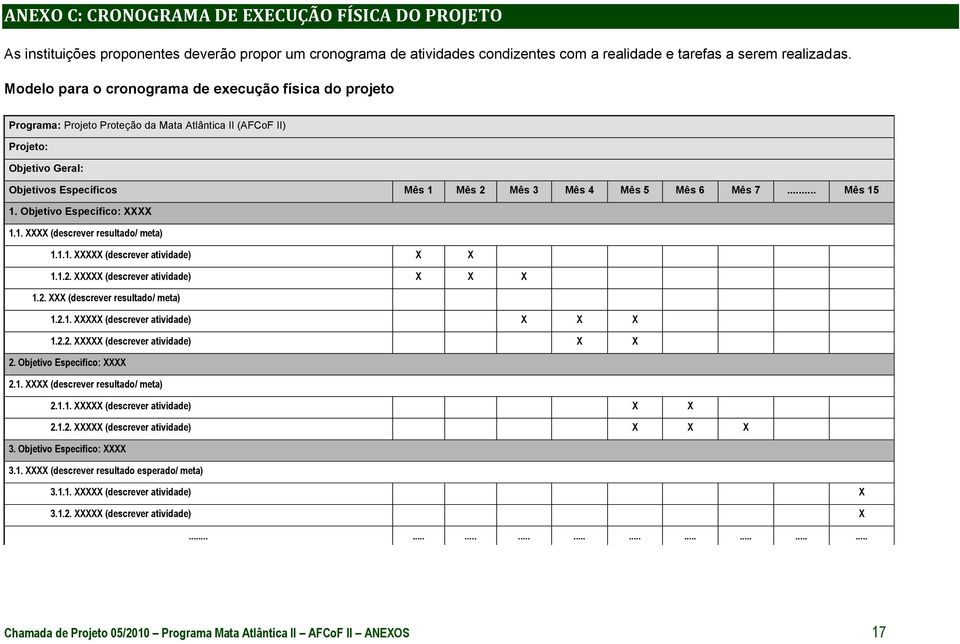 Mês 7... Mês 15 1. Objetivo Específico: XXXX 1.1. XXXX (descrever resultado/ meta) 1.1.1. XXXXX (descrever atividade) X X 1.1.2. XXXXX (descrever atividade) X X X 1.2. XXX (descrever resultado/ meta) 1.