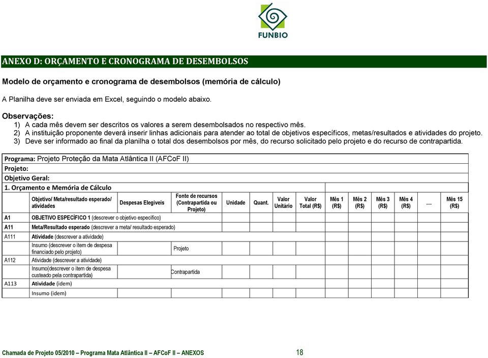 2) A instituição proponente deverá inserir linhas adicionais para atender ao total de objetivos específicos, metas/resultados e atividades do projeto.