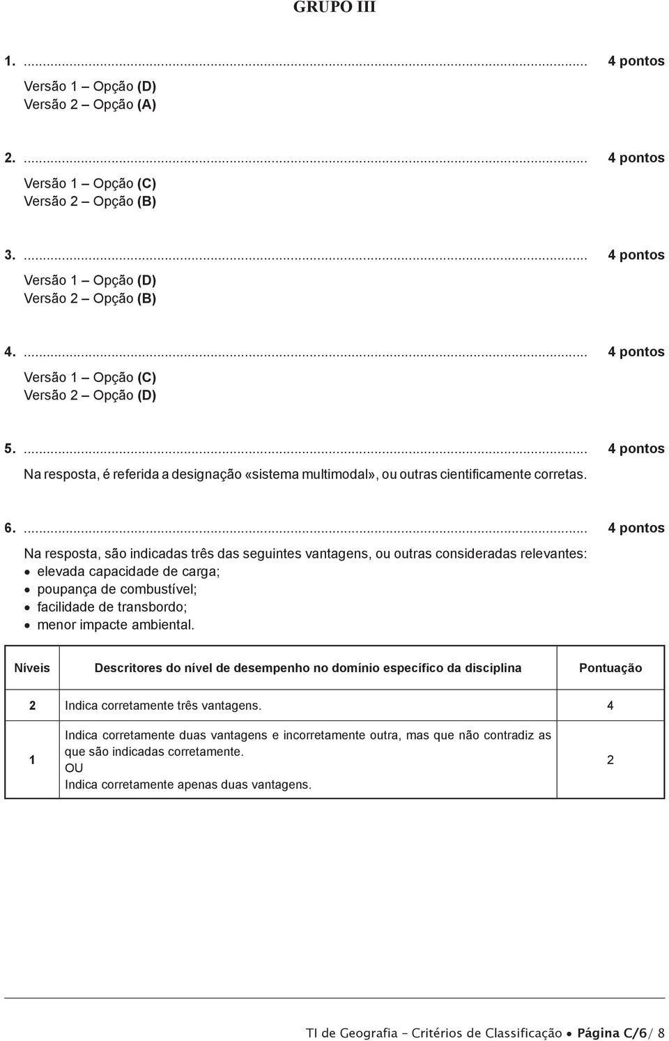 ... 4 pontos Na resposta, são indicadas três das seguintes vantagens, ou outras consideradas relevantes: elevada capacidade de carga; poupança de combustível; facilidade de transbordo; menor