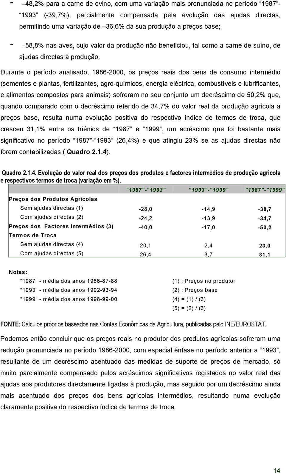 Durante o período analisado, 1986-2000, os preços reais dos bens de consumo intermédio (sementes e plantas, fertilizantes, agro-químicos, energia eléctrica, combustíveis e lubrificantes, e alimentos