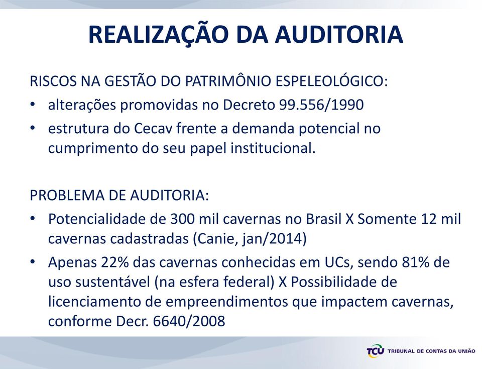 PROBLEMA DE AUDITORIA: Potencialidade de 300 mil cavernas no Brasil X Somente 12 mil cavernas cadastradas (Canie, jan/2014)
