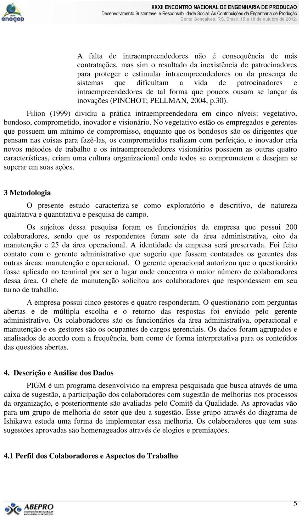 Filion (1999) dividiu a prática intraempreendedora em cinco níveis: vegetativo, bondoso, comprometido, inovador e visionário.