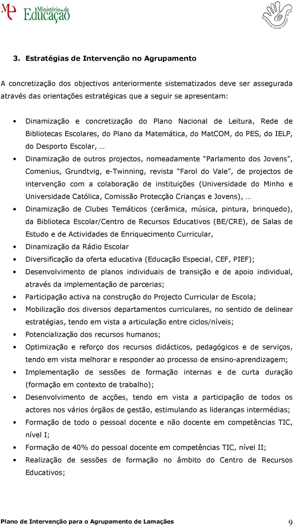 Cmenius, Grundtvig, e-twinning, revista Farl d Vale, de prjects de intervençã cm a clabraçã de instituições (Universidade d Minh e Universidade Católica, Cmissã Prtecçã Crianças e Jvens), Dinamizaçã