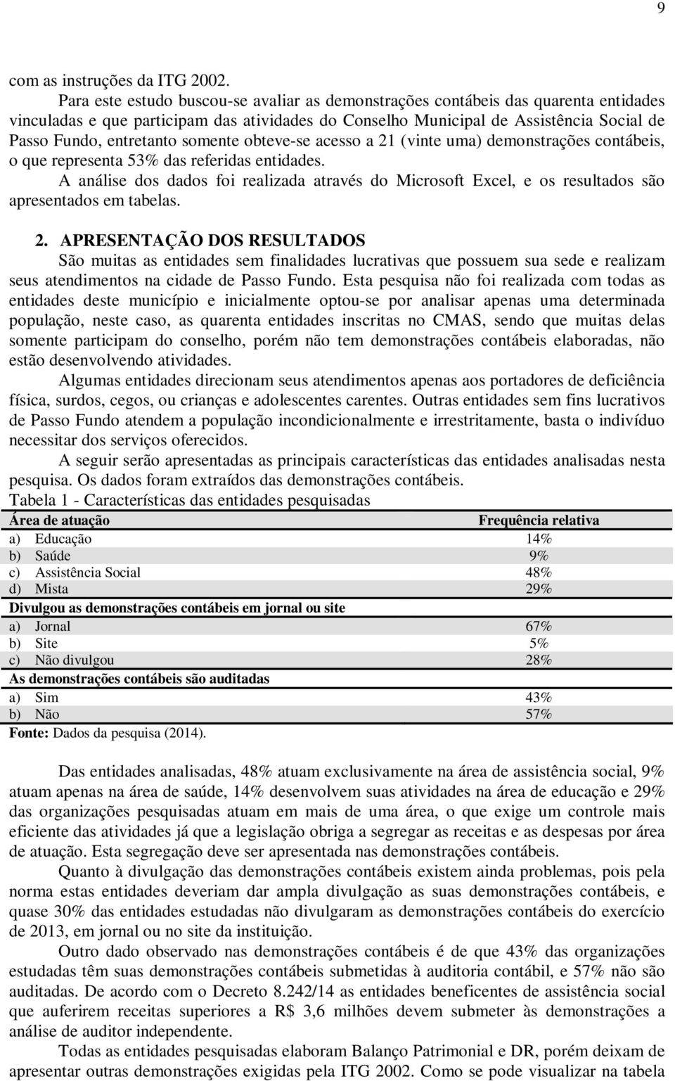 somente obteve-se acesso a 21 (vinte uma) demonstrações contábeis, o que representa 53% das referidas entidades.