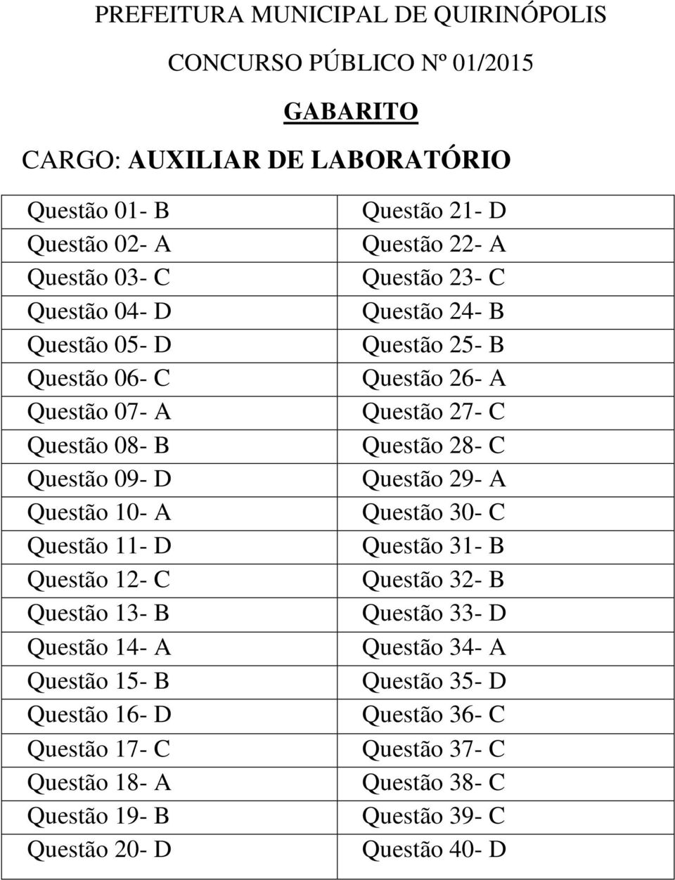 D Questão 21- D Questão 22- A Questão 23- C Questão 24- B Questão 25- B Questão 26- A Questão 27- C Questão 28- C Questão 29- A Questão 30-