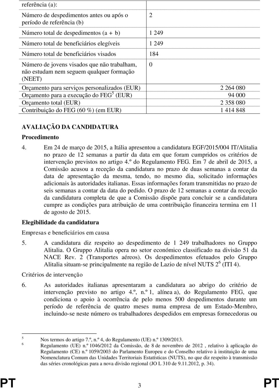 execução do FEG 5 (EUR) 94 000 Orçamento total (EUR) 2 358 080 Contribuição do FEG (60 %) (em EUR) 1 414 848 AVALIAÇÃO DA CANDIDATURA Procedimento 4.