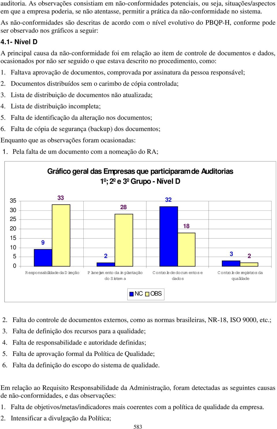 - Nível D A principal causa da não-conformidade foi em relação ao item de controle de documentos e dados, ocasionados por não ser seguido o que estava descrito no procedimento, como:.