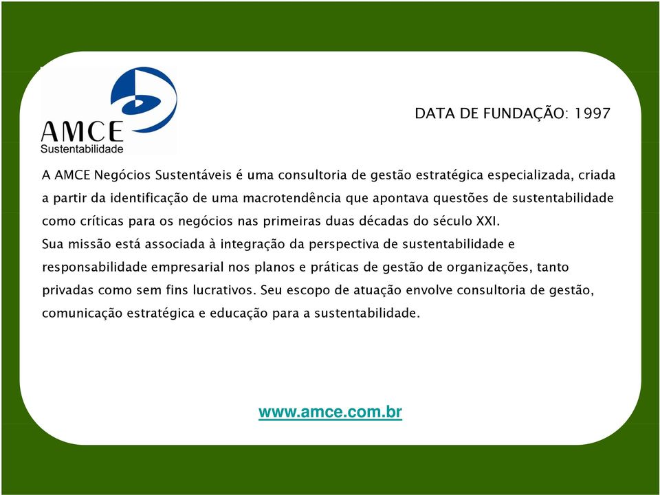 Sua missão está associada à integração da perspectiva de sustentabilidade e responsabilidade empresarial nos planos e práticas de gestão de