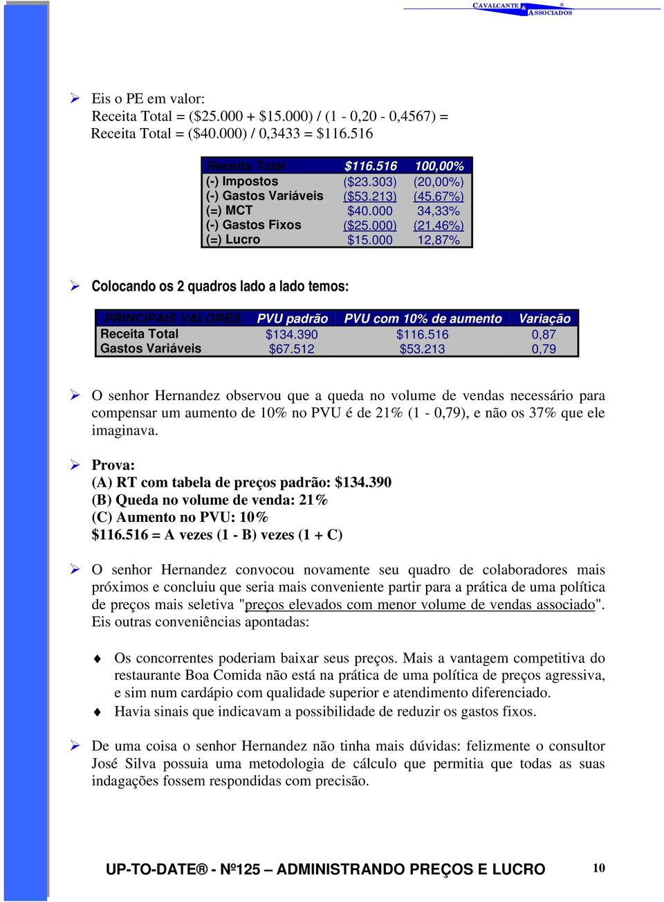 Colocando os 2 quadros lado a lado temos: PRINCIPAIS VALORES PVU padrão PVU com 10% de aumento Variação Receita Total $134.390 $116.516 0,87 Gastos Variáveis $67.512 $53.213 0,79!