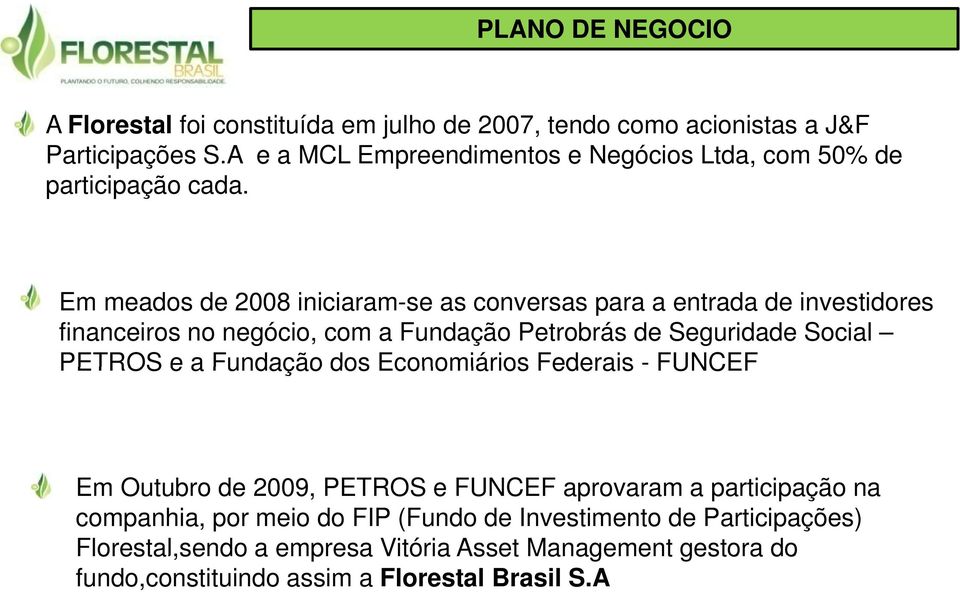 Em meados de 2008 iniciaram-se as conversas para a entrada de investidores financeiros no negócio, com a Fundação Petrobrás de Seguridade Social PETROS e a