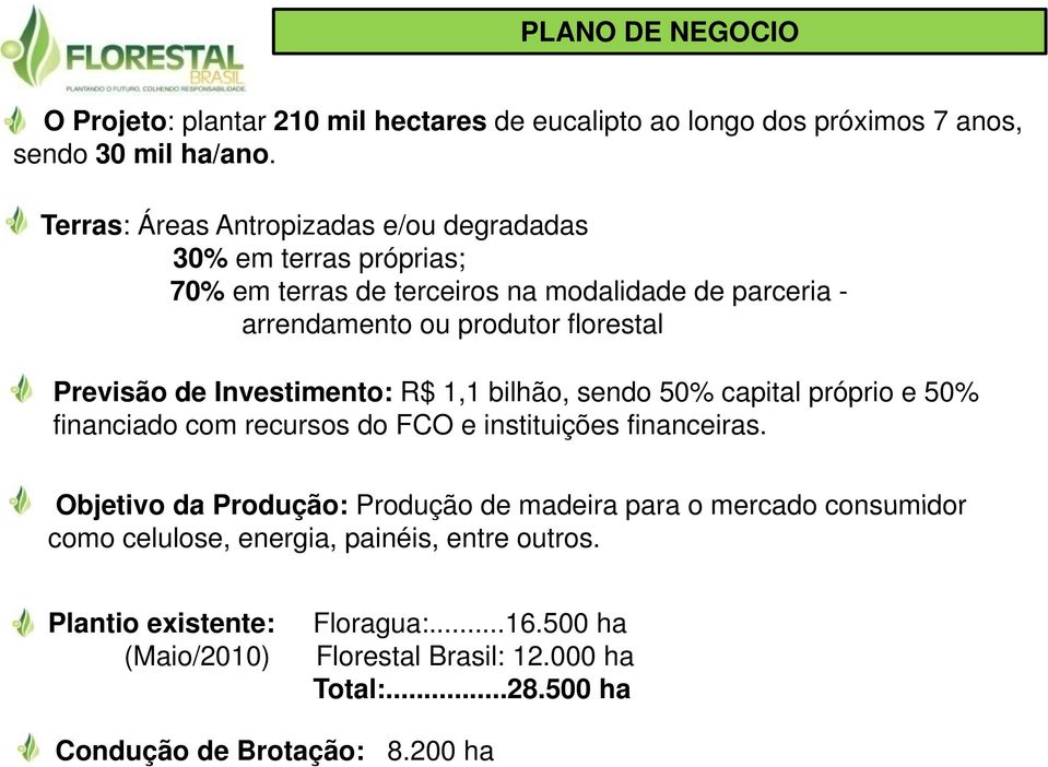 Previsão de Investimento: R$ 1,1 bilhão, sendo 50% capital próprio e 50% financiado com recursos do FCO e instituições financeiras.