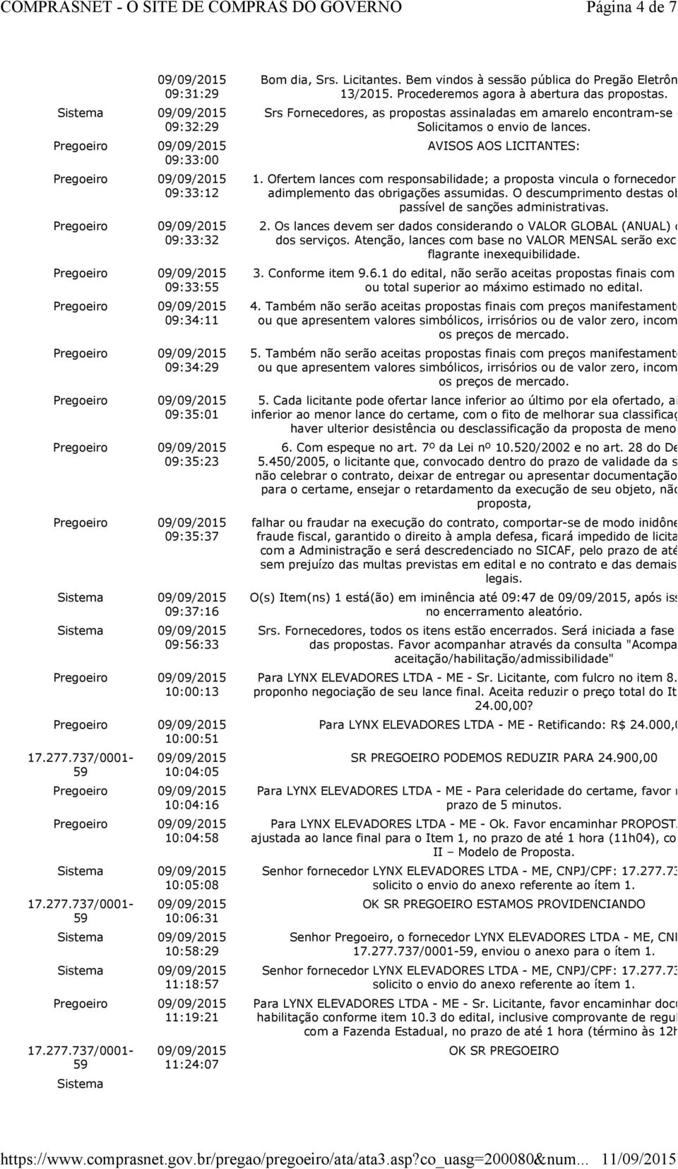 Bem vindos à sessão pública do Pregão Eletrônico PR/PI nº 13/2015. Procederemos agora à abertura das propostas. Srs Fornecedores, as propostas assinaladas em amarelo encontram-se empatadas.