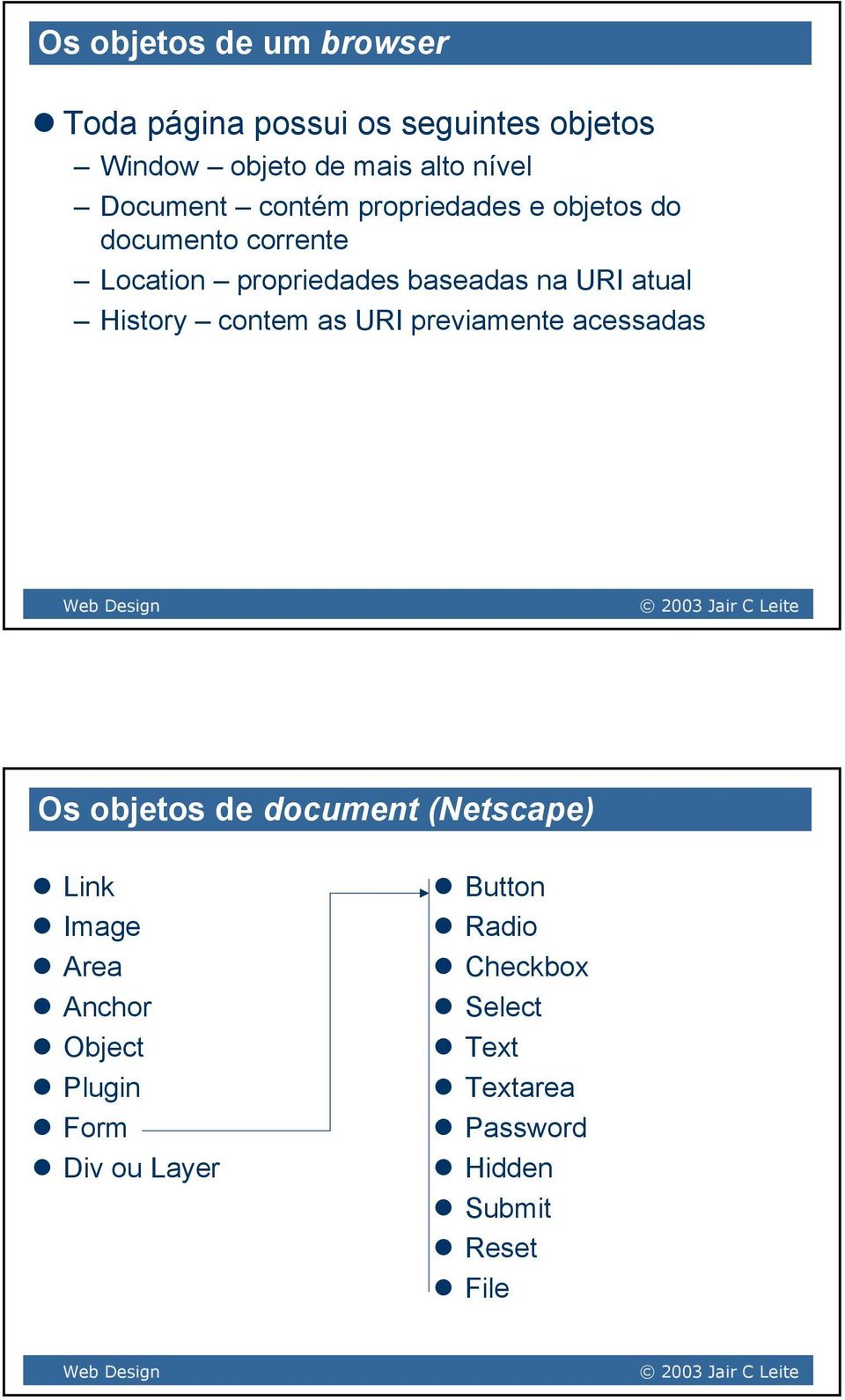 atual History contem as URI previamente acessadas Os objetos de document (Netscape) Link Image Area