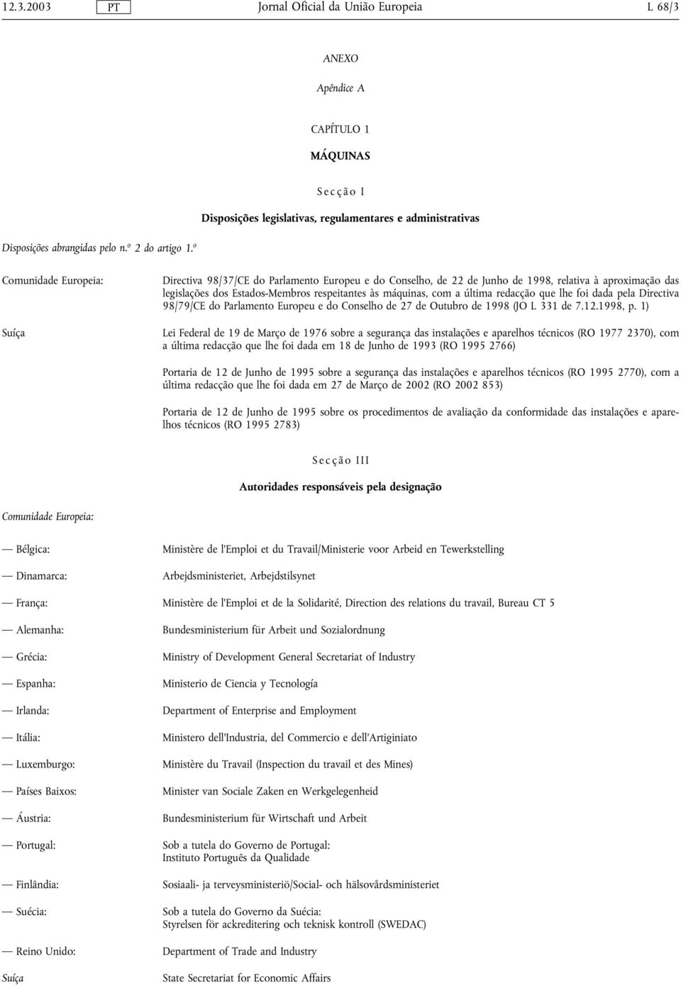 das legislações dos Estados-Membros respeitantes às máquinas, com a última redacção que lhe foi dada pela Directiva 98/79/CE do Parlamento Europeu e do Conselho de 27 de Outubro de 1998 (JO L 331 de