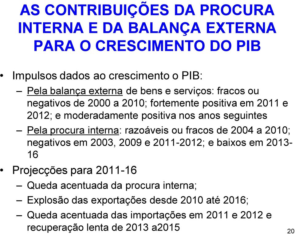 Pela procura interna: razoáveis ou fracos de a ; negativos em 2003, 2009 e 2011-; e baixos em 2013-16 Projecções para 2011-16 Queda