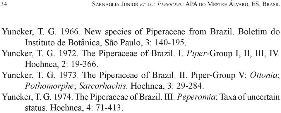 The Piperaceae of Brazil. I. Piper-Group I, II, III, IV. Hoehnea, 2: 19-366. Yuncker, T. G. 1973. The Piperaceae of Brazil. II. Piper-Group V; Ottonia; Pothomorphe; Sarcorhachis.