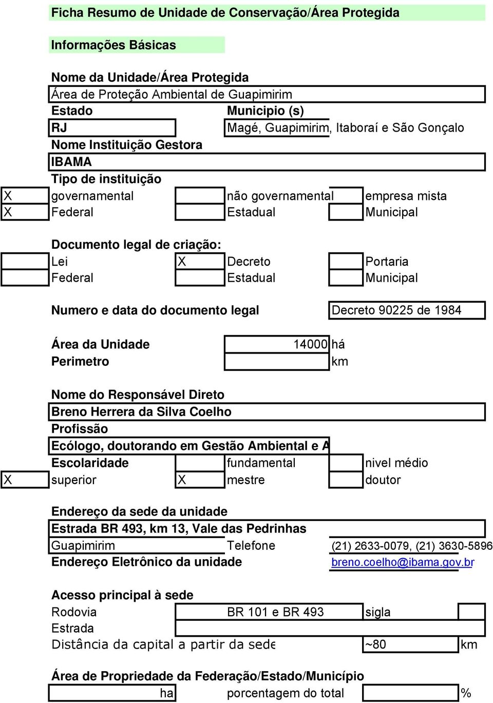 Estadual Municipal Numero e data do documento legal Decreto 90225 de 1984 Área da Unidade Perimetro 14000 há km Nome do Responsável Direto Breno Herrera da Silva Coelho Profissão Ecólogo, doutorando