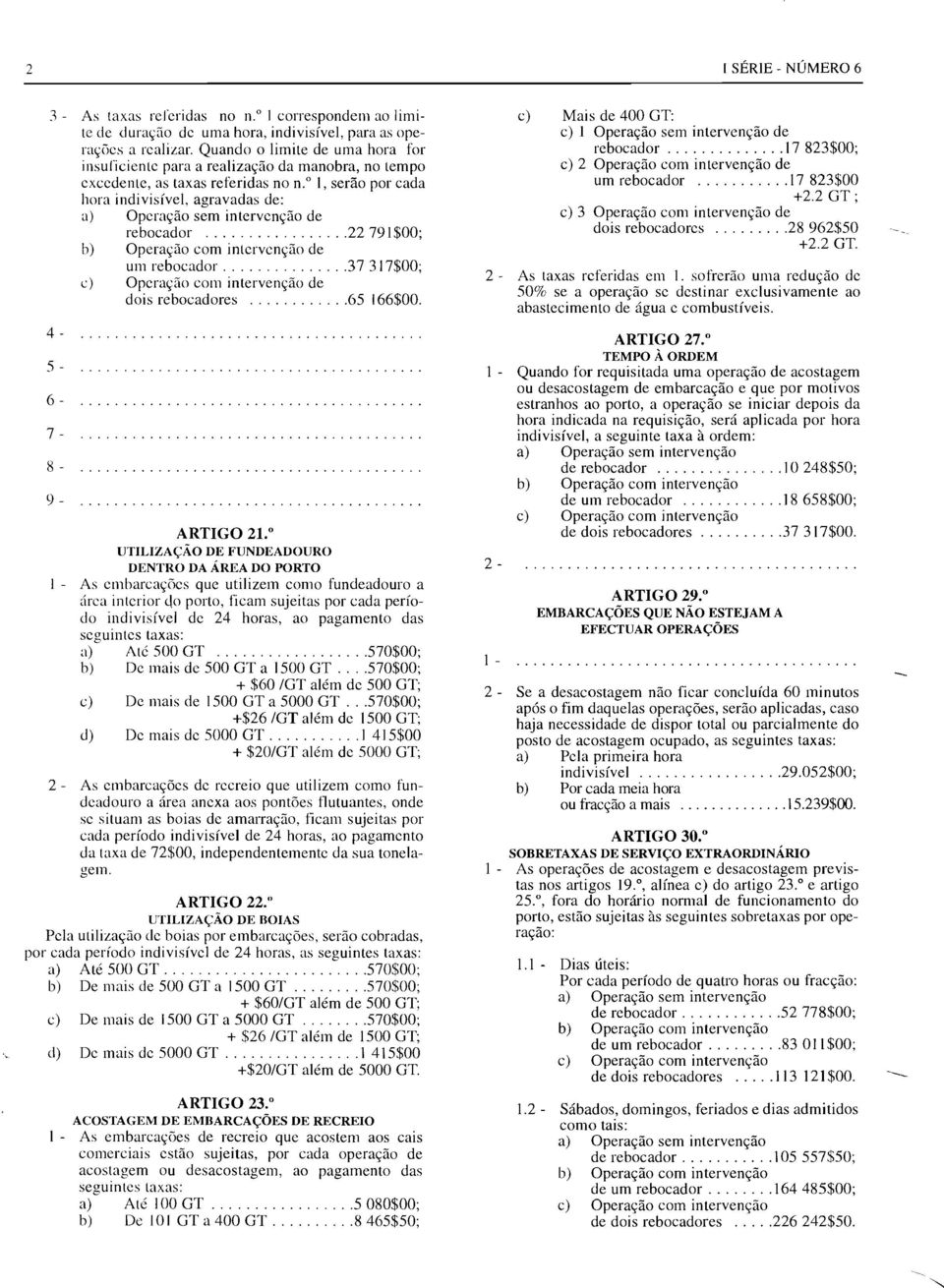 " I, serão por cada hora indivisível, agravadas de: a) Operação sem intervenção de rebocador 22 791 $00; de um rebocador 37 317$00; de dois rebocadores 65 166$00. 4 5 6 7 8 9 ARTIGO 21.