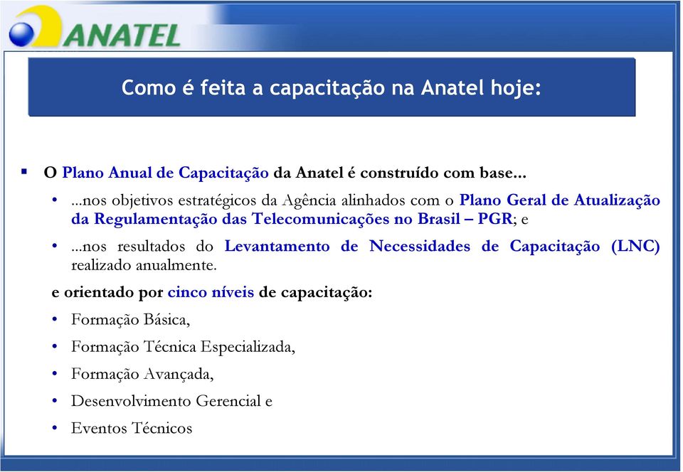 Telecomunicações no Brasil PGR; e...nos resultados do Levantamento de Necessidades de Capacitação (LNC) realizado anualmente.