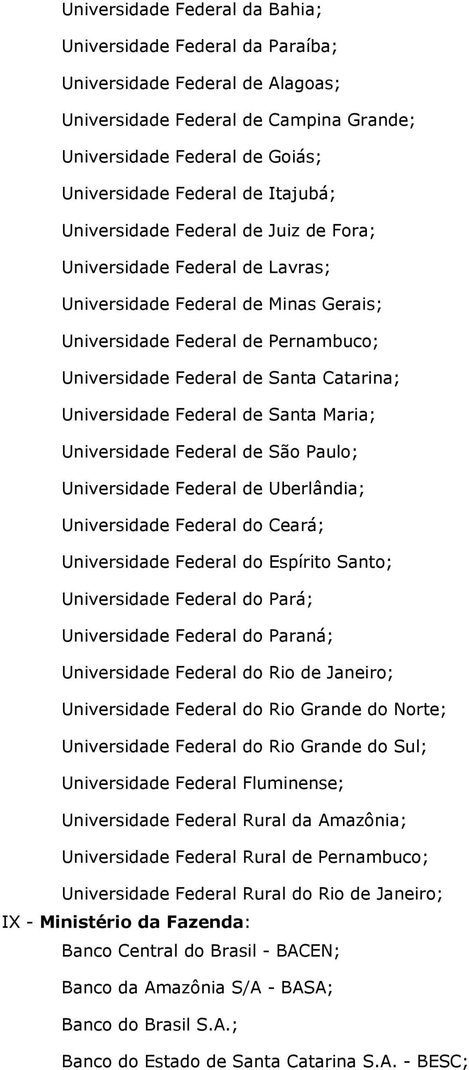 Universidade Federal de Santa Maria; Universidade Federal de São Paulo; Universidade Federal de Uberlândia; Universidade Federal do Ceará; Universidade Federal do Espírito Santo; Universidade Federal