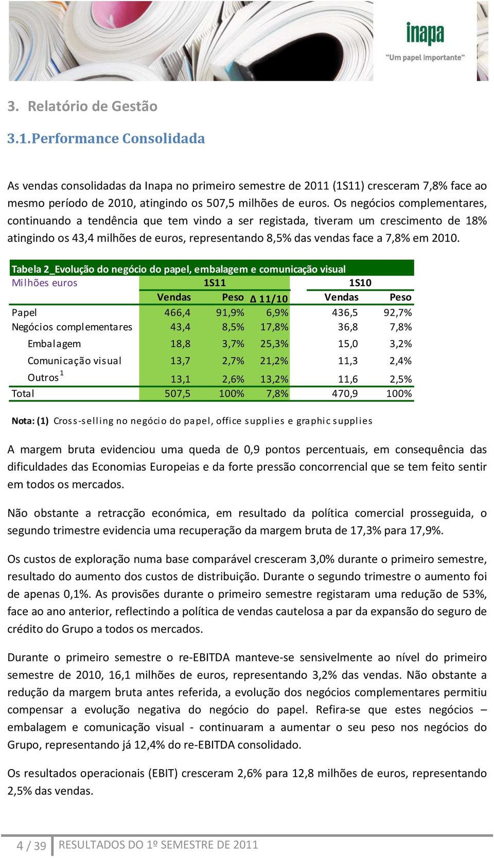 Os negócios complementares, continuando a tendência que tem vindo a ser registada, tiveram um crescimento de 18% atingindo os 43,4 milhões de euros, representando 8,5% das vendas face a 7,8% em 2010.