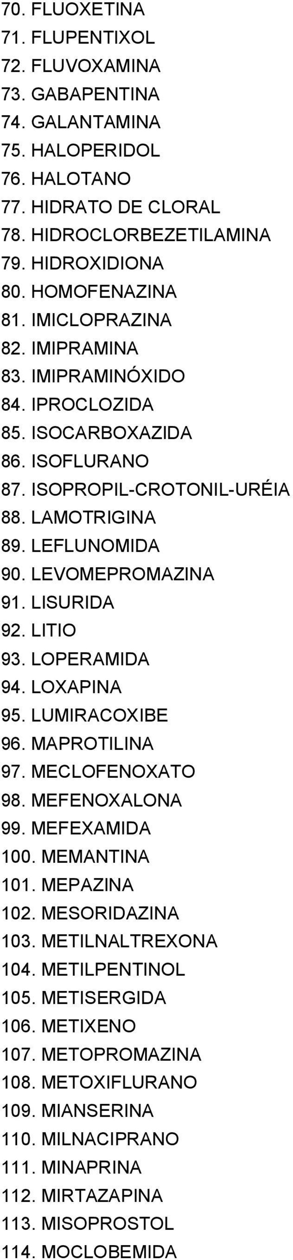 LEVOMEPROMAZINA 91. LISURIDA 92. LITIO 93. LOPERAMIDA 94. LOXAPINA 95. LUMIRACOXIBE 96. MAPROTILINA 97. MECLOFENOXATO 98. MEFENOXALONA 99. MEFEXAMIDA 100. MEMANTINA 101. MEPAZINA 102.