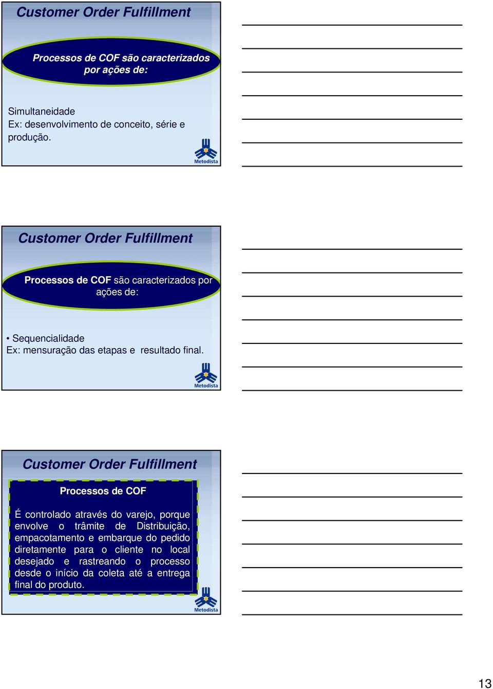 Customer Order Fulfillment Processos de COF são caracterizados por ações de: Sequencialidade Ex: mensuração das etapas e resultado final.